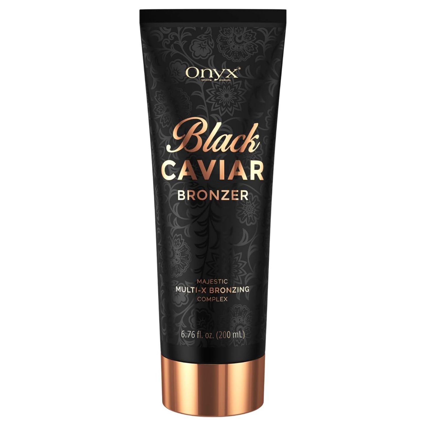 Onyx Black Caviar tanning lotion product shot on a white background, a bronzing tanning lotion for a dark, even tan.