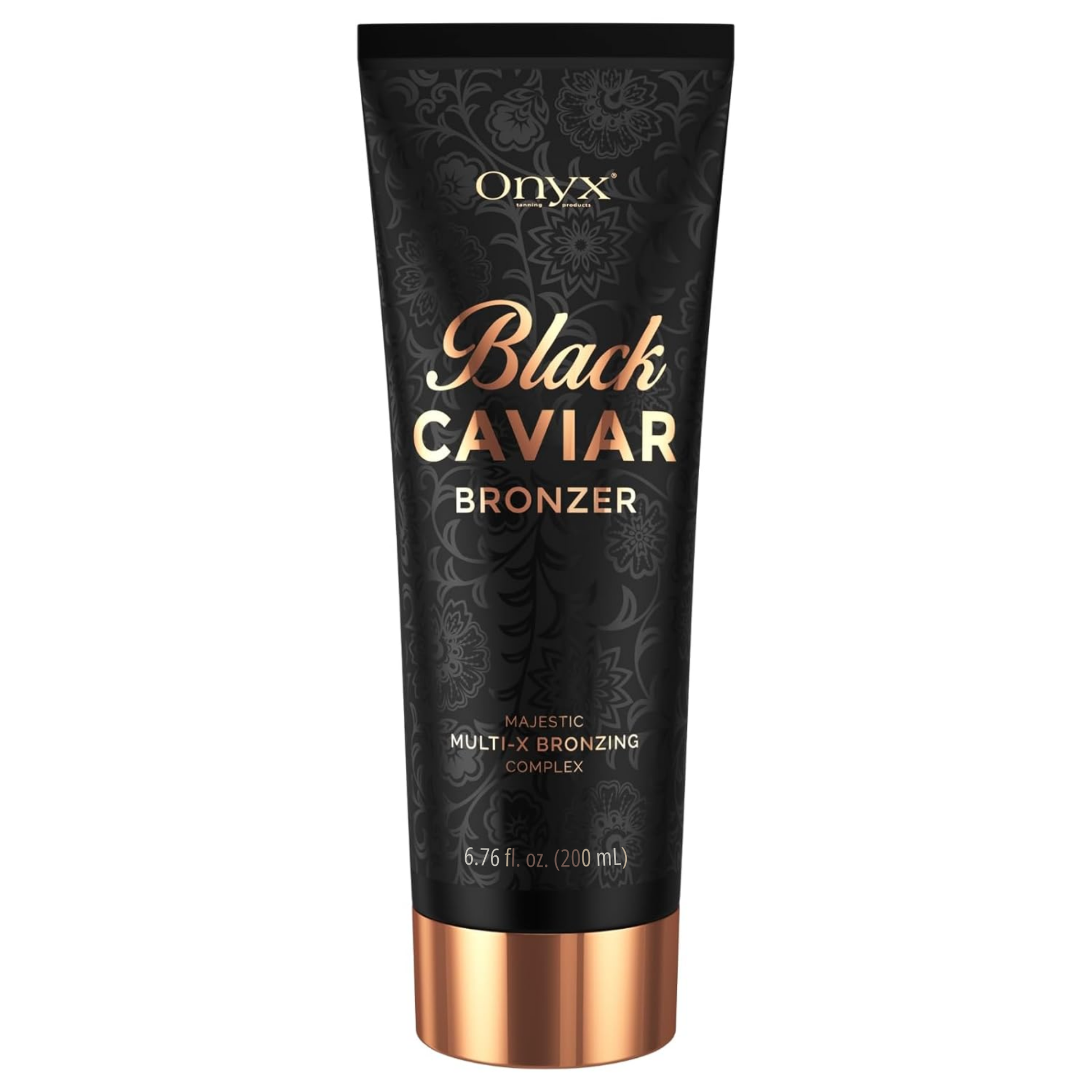 Onyx Black Caviar tanning lotion product shot on a white background, a bronzing tanning lotion for a dark, even tan.