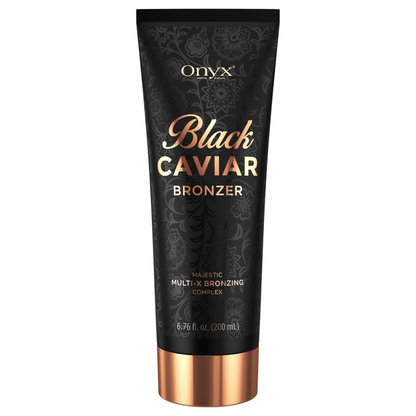 Onyx Black Caviar tanning lotion product shot on a white background, a bronzing tanning lotion for a dark, even tan.