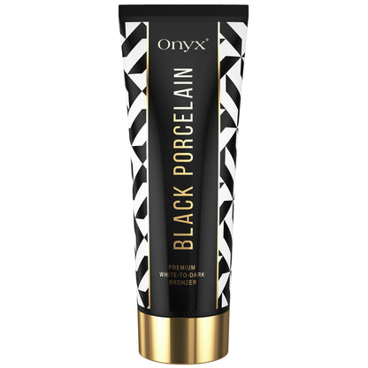 Onyx Black Porcelain White-to-Dark Bronzer in premium black and gold packaging, designed for deep tanning results.