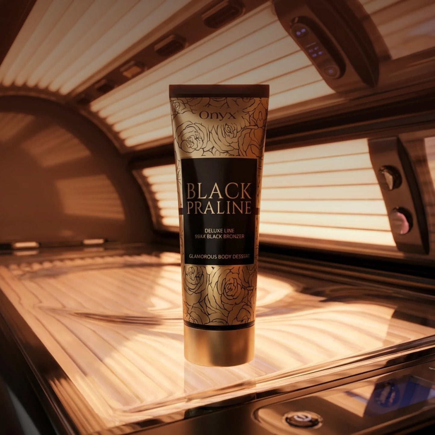 Onyx Black Praline bronzing tanning lotion placed inside an open tanning bed, with the tube standing upright on the tanning bed surface.