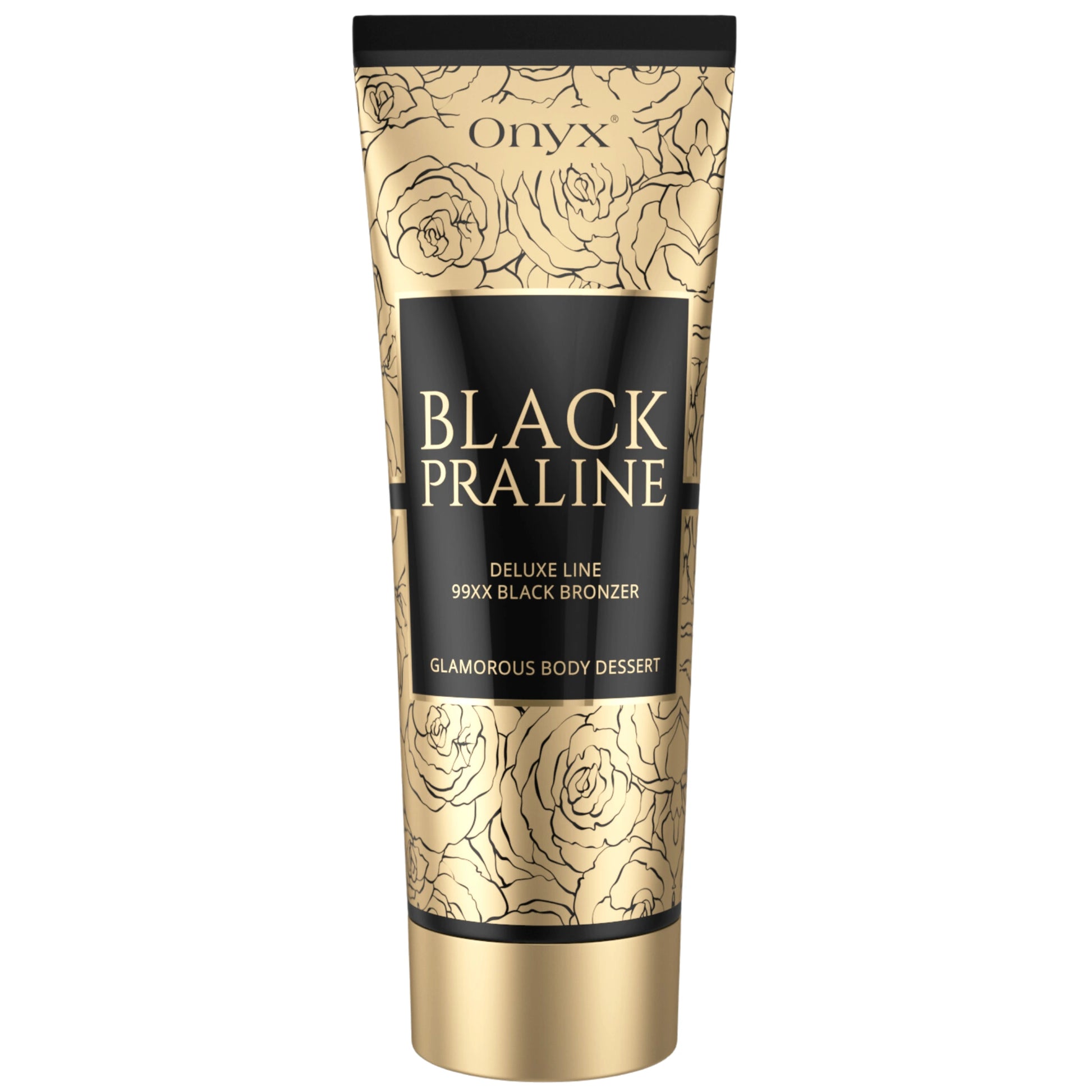 Onyx Black Praline 99X Black Bronzer tanning lotion tube shown on a white background with gold and black packaging, floral pattern, and front label visible.