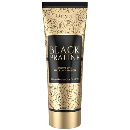 Onyx Black Praline 99X Black Bronzer tanning lotion tube shown on a white background with gold and black packaging, floral pattern, and front label visible.