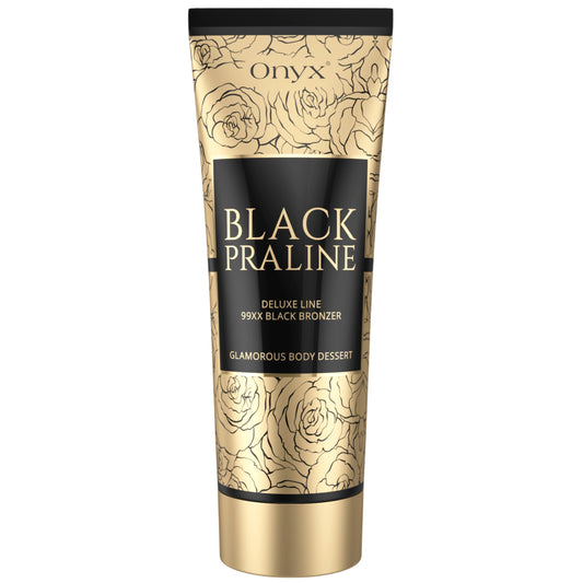 Onyx Black Praline 99X Black Bronzer tanning lotion tube shown on a white background with gold and black packaging, floral pattern, and front label visible.