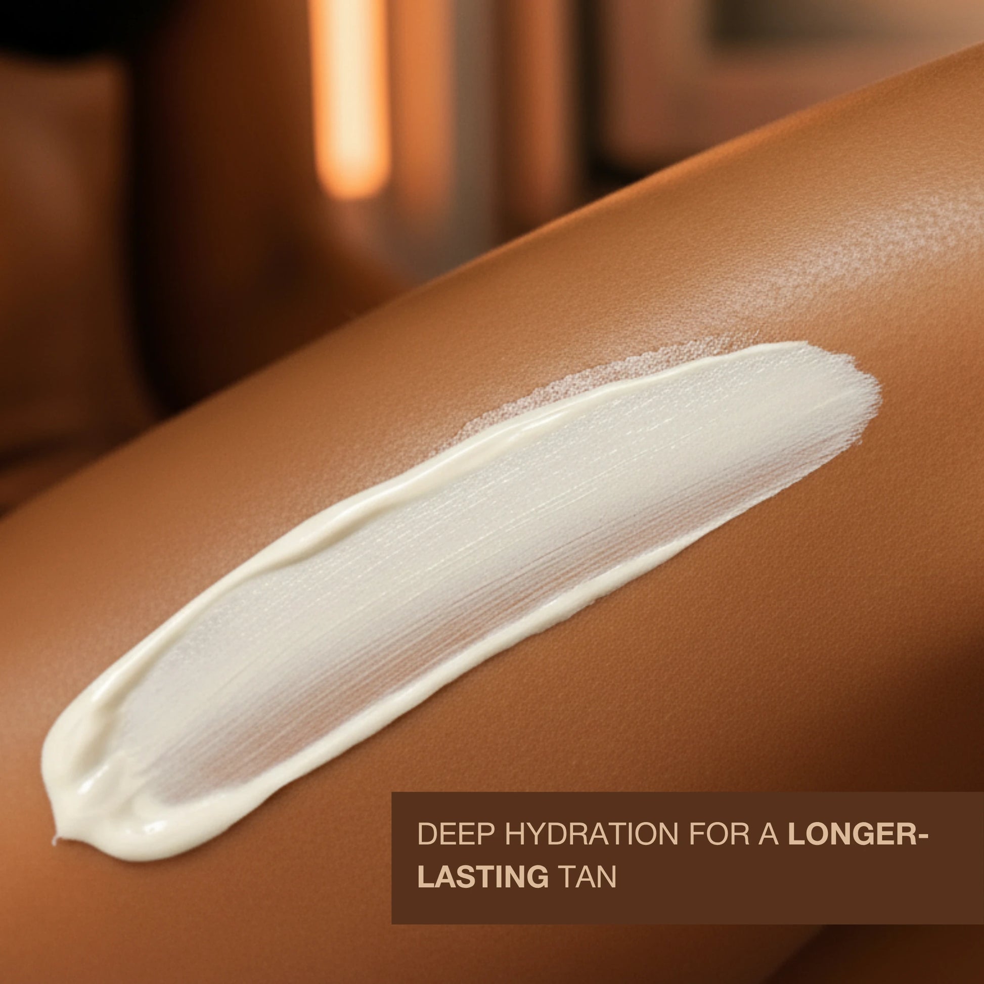 Tanning intensifier lotion texture showing hydrating formula for longer-lasting tan