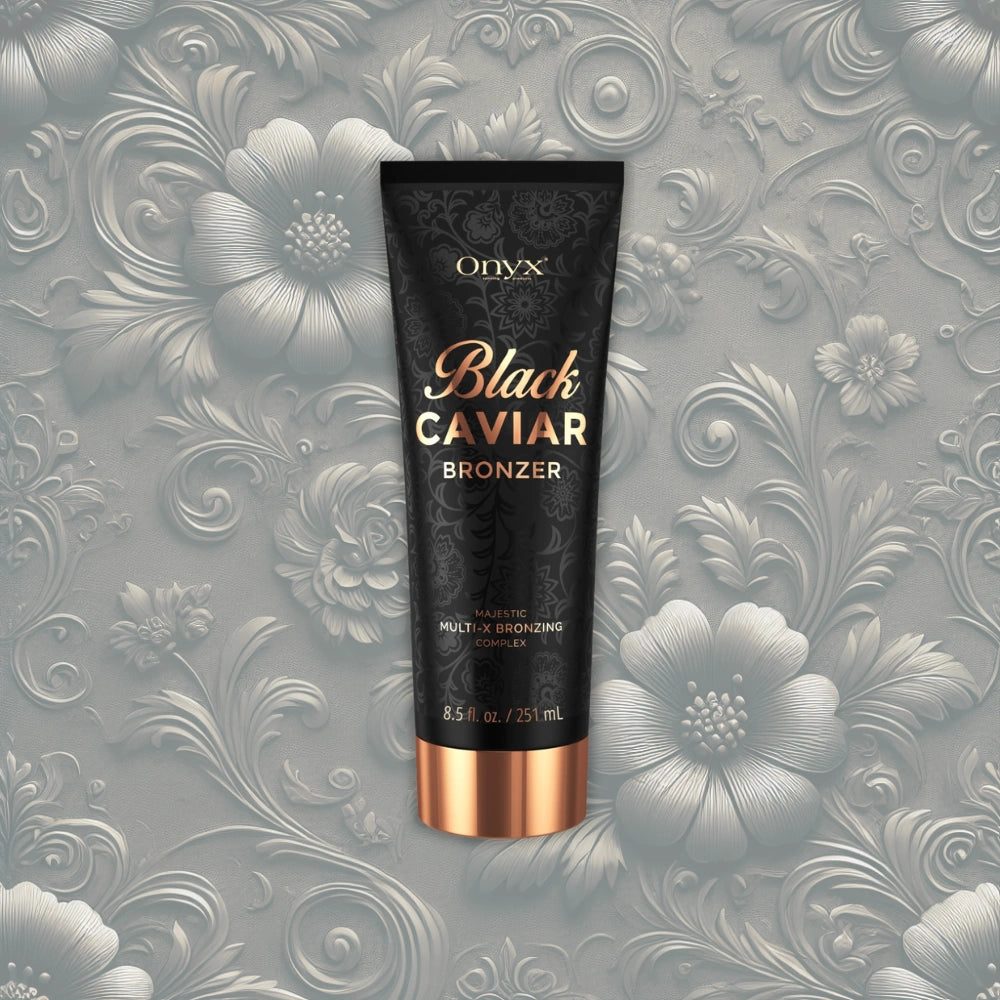 Onyx Black Caviar Bronzer in an elegant black and gold tube. This ultra-dark tanning lotion features a Multi-X Bronzing Complex for an intense, deep tan. Designed for sunbed and indoor tanning, it enhances melanin production, hydrates skin, and provides a luxurious bronzing effect. Infused with skin-nourishing minerals, this moisturizing and vegan-friendly formula ensures a smooth, long-lasting tan with a flawless glow.