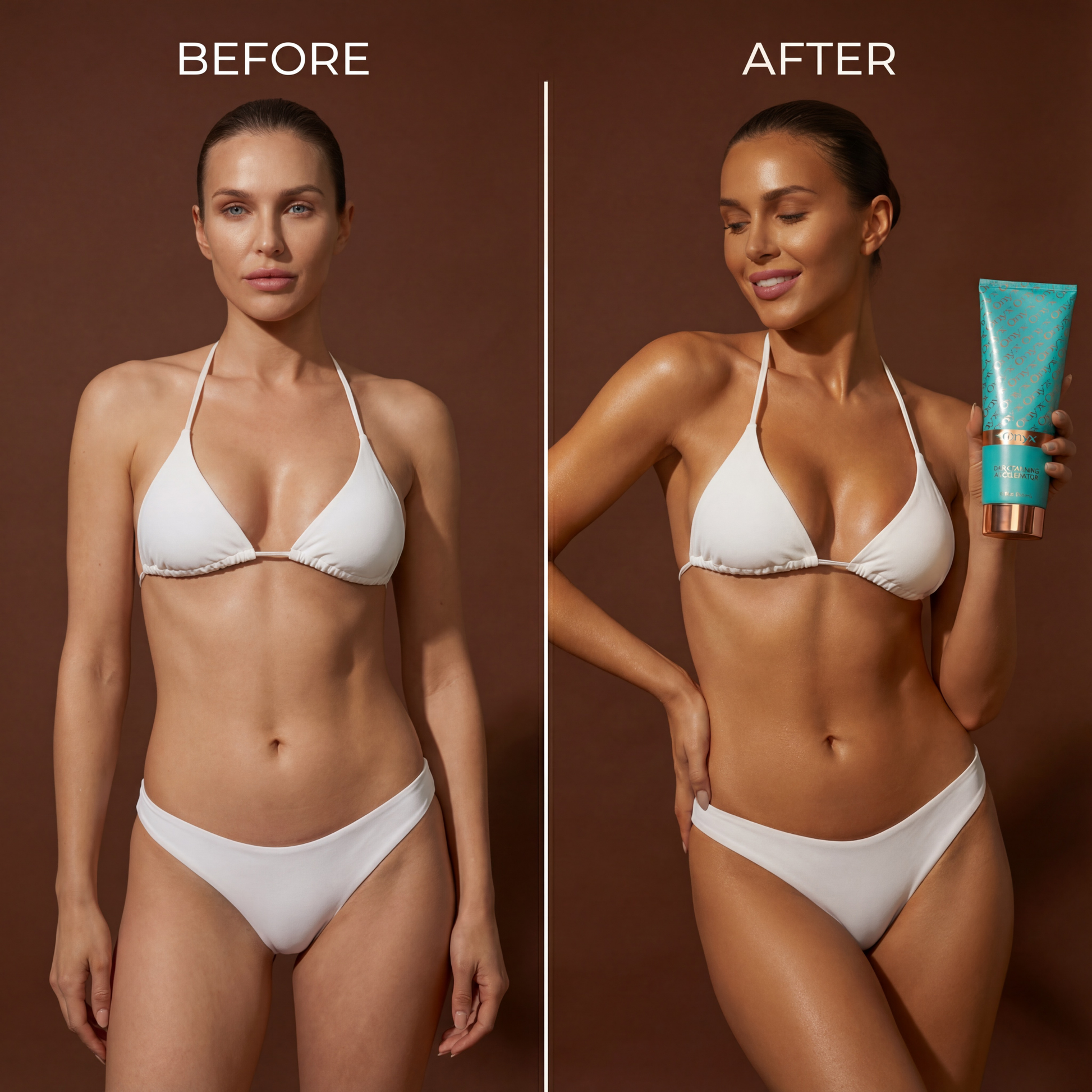 Woman in a white bikini sitting on rocks at the beach holding Onyx Dark Tanning Accelerator, with ocean waves in the background.