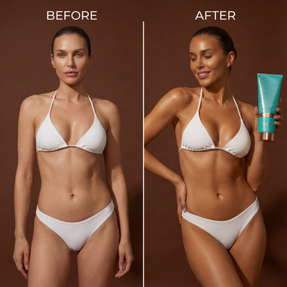 Woman in a white bikini sitting on rocks at the beach holding Onyx Dark Tanning Accelerator, with ocean waves in the background.