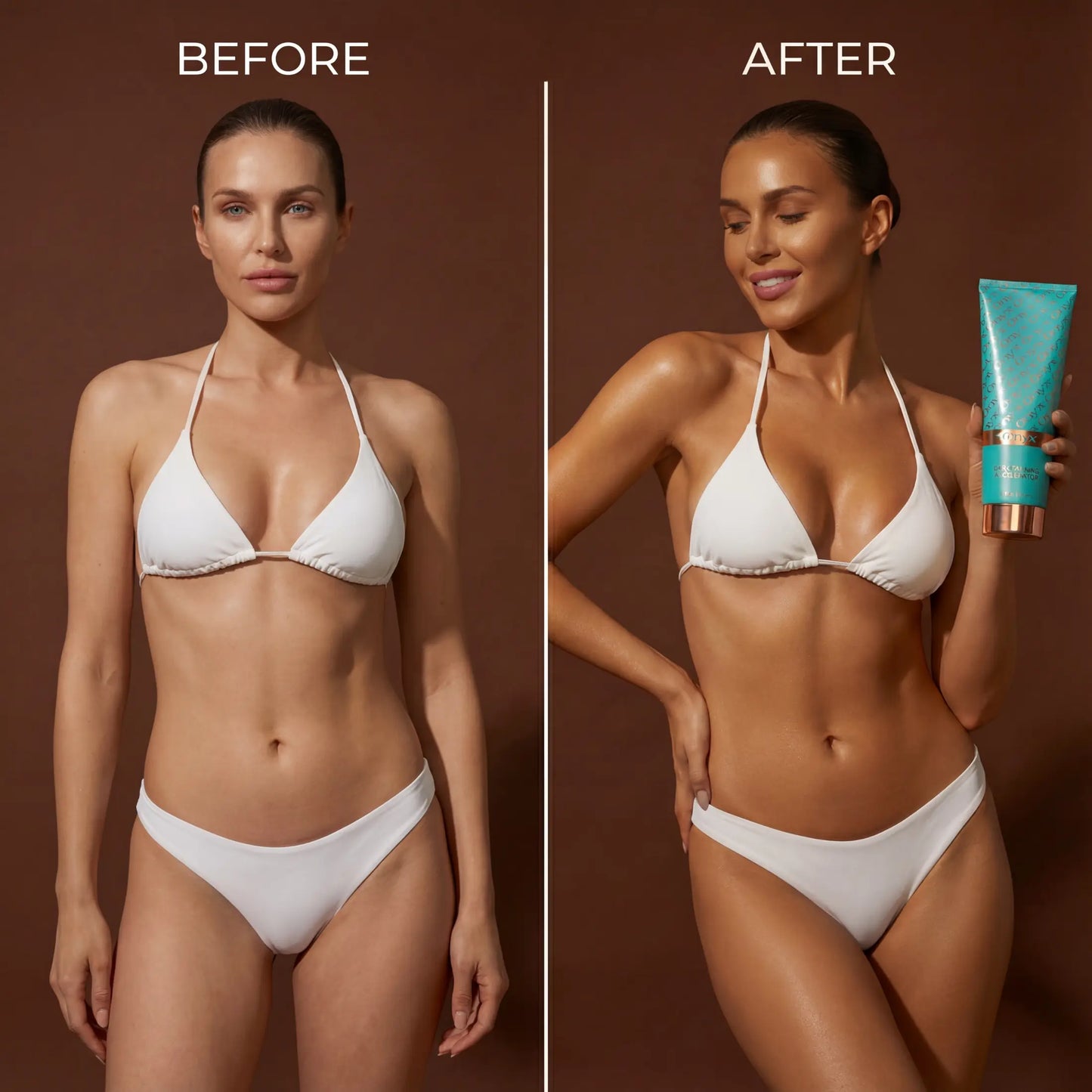 Before and after tanning comparison – woman in a white bikini, visibly darker and more bronzed skin on the right, holding a tanning lotion