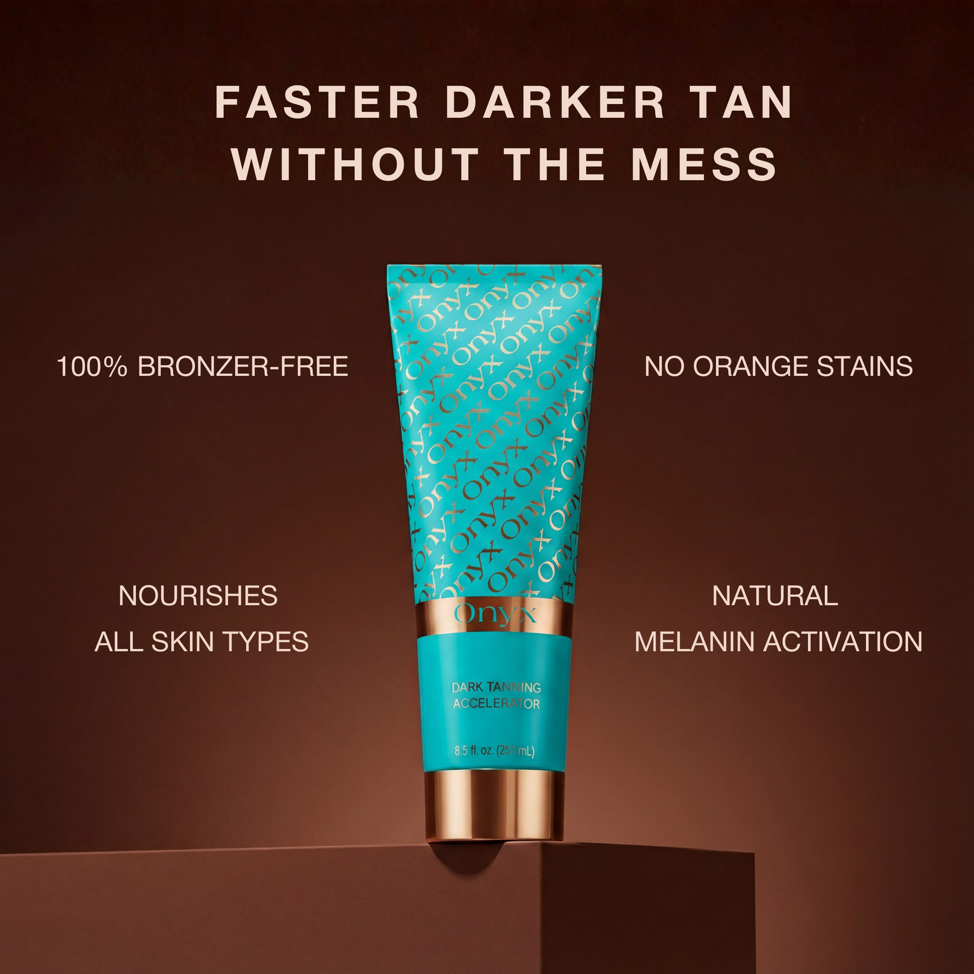 Onyx Dark Tanning Accelerator tube centered on a brown background with text highlighting bronzer-free formula and natural tanning focus.