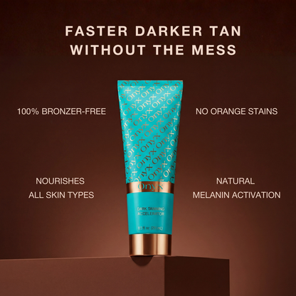 Onyx Dark Tanning Accelerator tube centered on a brown background with text highlighting bronzer-free formula and natural tanning focus.