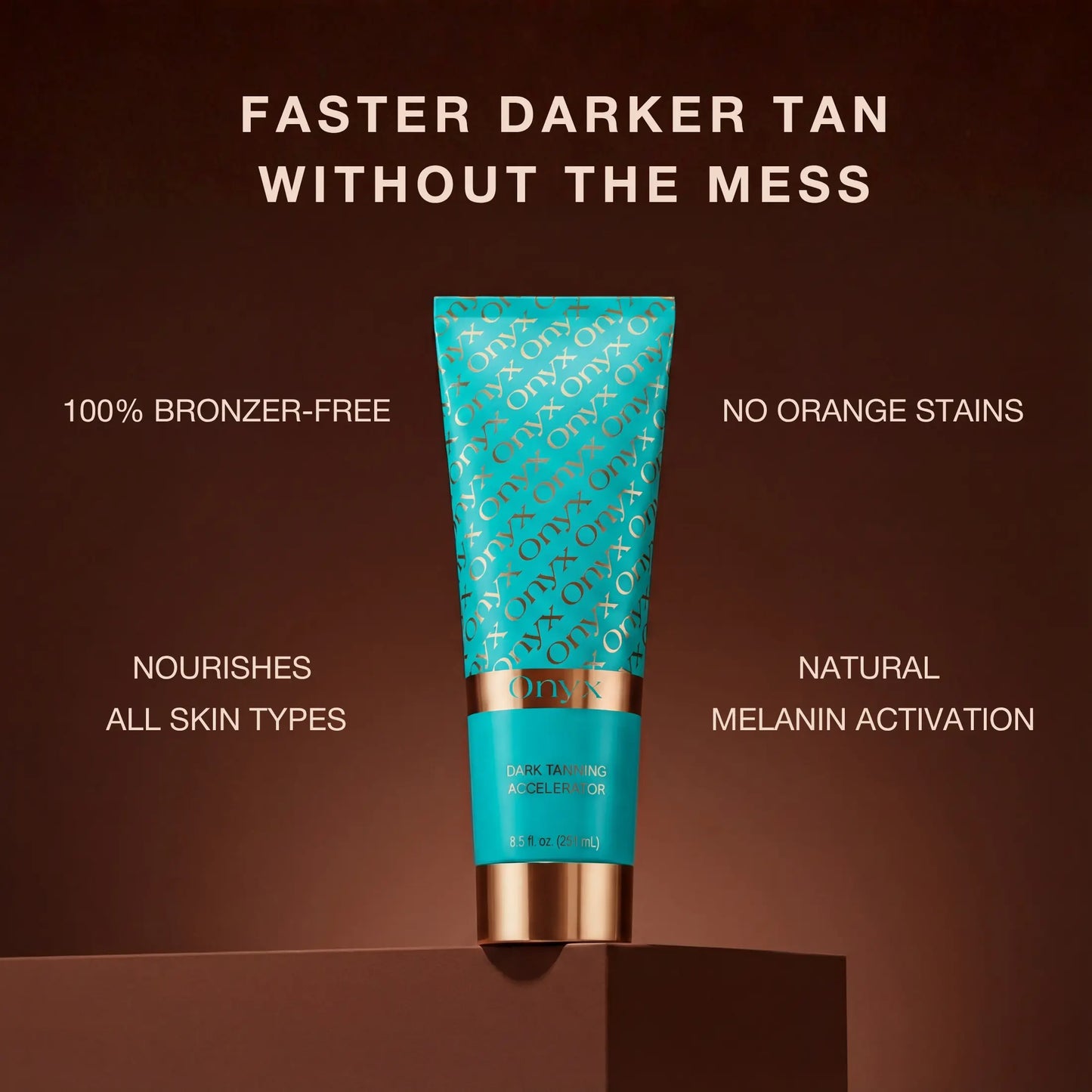 Onyx Dark Tanning Accelerator tube centered on a brown background with text highlighting bronzer-free formula and natural tanning focus.