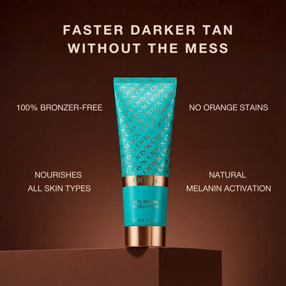 Onyx Dark Tanning Accelerator tube centered on a brown background with text highlighting bronzer-free formula and natural tanning focus.