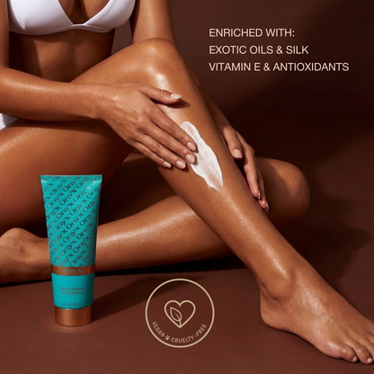 Woman applying white tanning lotion to her leg with an Onyx Dark Tanning Accelerator tube beside her and a vegan cruelty-free icon displayed.