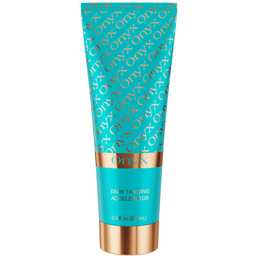 Onyx Dark Tanning Accelerator lotion with a sleek turquoise design and gold accents, formulated for deep tanning results.