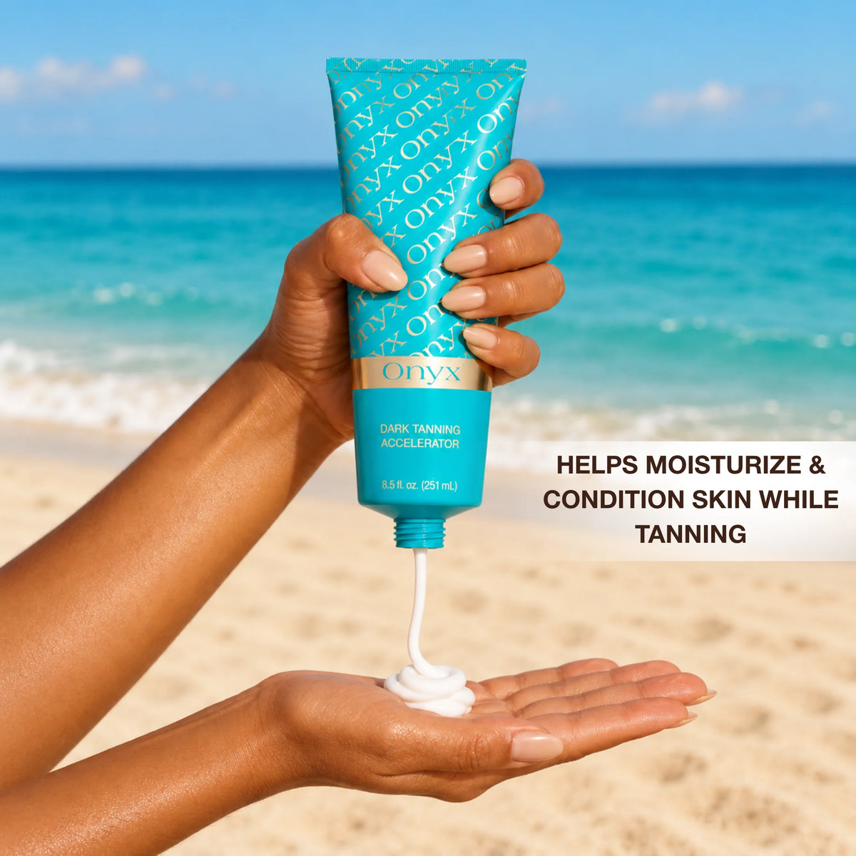 Woman squeezing white Onyx Dark Tanning Accelerator lotion from the tube into her hand on the beach.