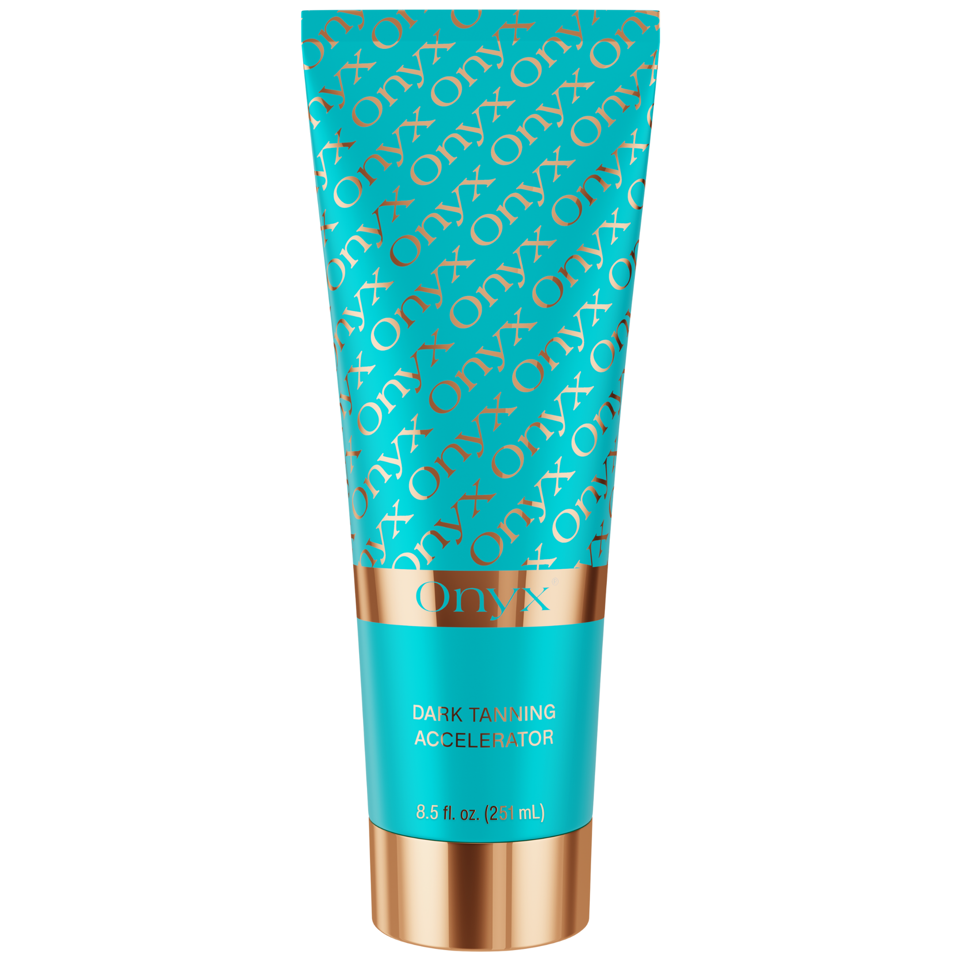 Front view of an Onyx Dark Tanning Accelerator lotion tube in turquoise and gold packaging on a white background.