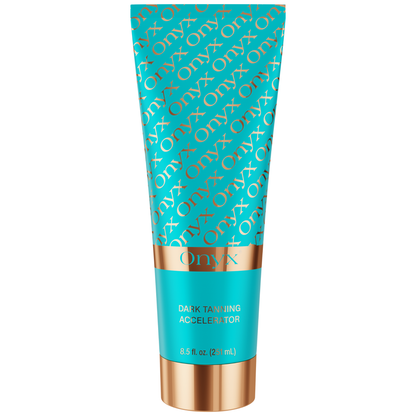 Front view of an Onyx Dark Tanning Accelerator lotion tube in turquoise and gold packaging on a white background.