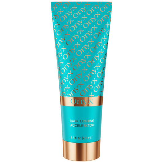 Front view of an Onyx Dark Tanning Accelerator lotion tube in turquoise and gold packaging on a white background.