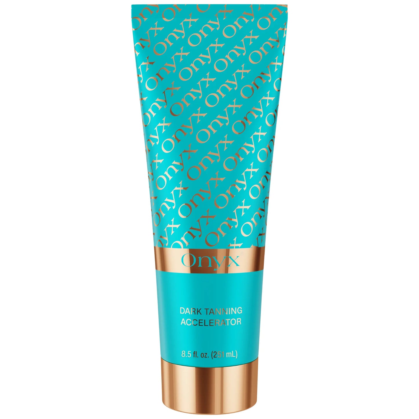 Front view of an Onyx Dark Tanning Accelerator lotion tube in turquoise and gold packaging on a white background.