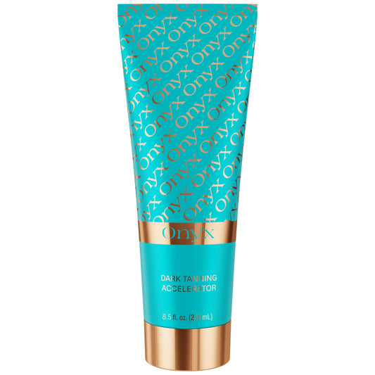 Front view of an Onyx Dark Tanning Accelerator lotion tube in turquoise and gold packaging on a white background.