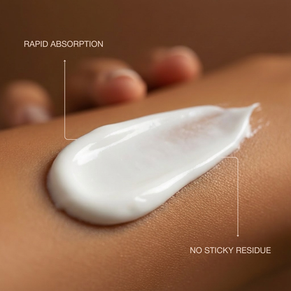 Close-up of white tanning lotion spread on tanned skin showing smooth texture and absorption.
rynek: USA