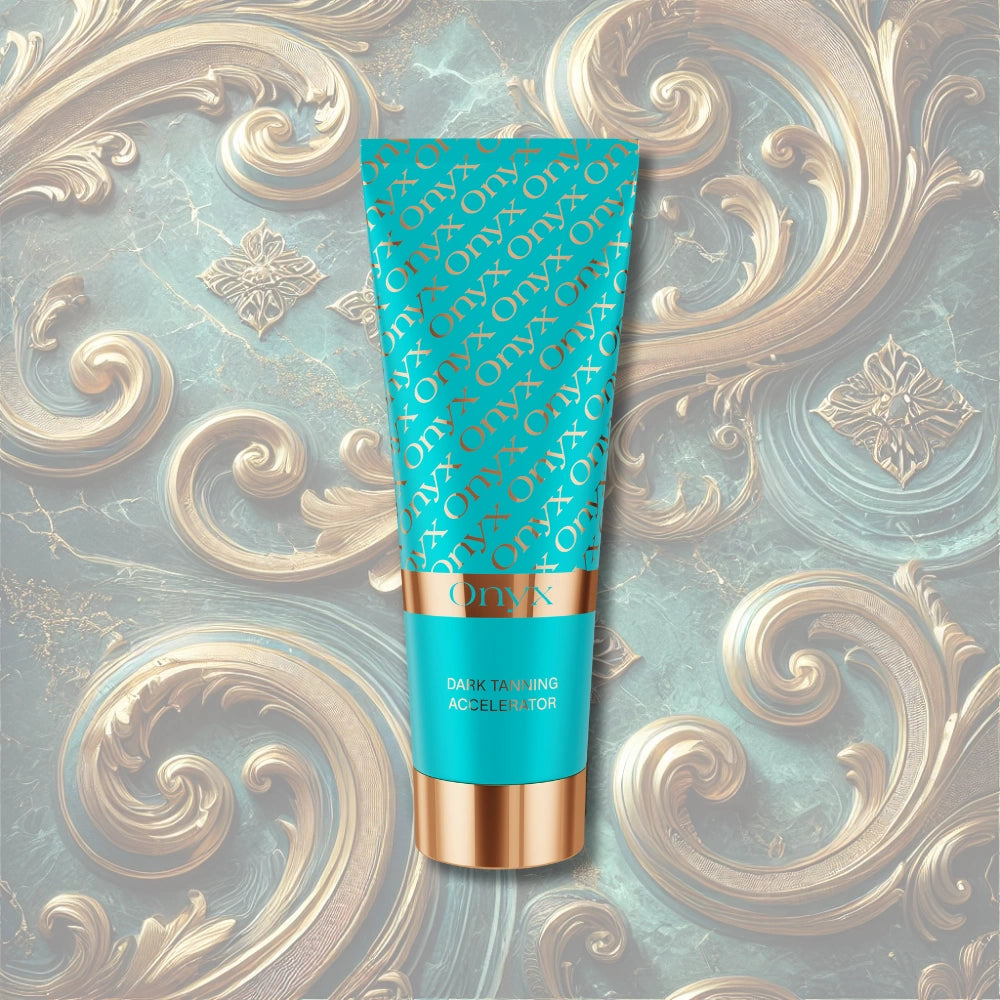 Onyx Dark Tanning Accelerator in a stylish turquoise and gold packaging. This premium tanning lotion enhances melanin production for a deep, natural tan. Ideal for sunbeds and outdoor tanning, it hydrates and nourishes skin while accelerating tanning results. Vegan-friendly, mineral-rich, and suitable for all skin types.