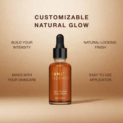 Infographic listing product benefits including customizable natural glow and natural-looking finish.