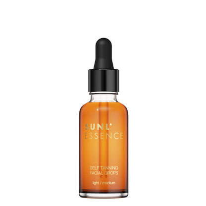 A professional product shot of Onyx Sunl Essence light/medium self-tanning facial drops bottle with a black dropper cap.