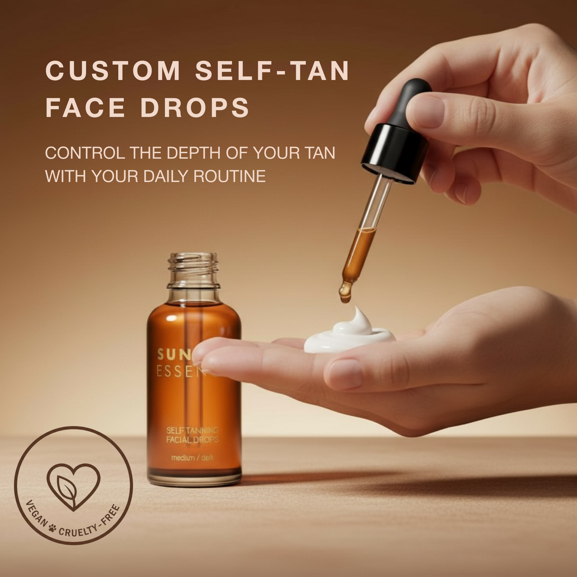 Close-up of a hand mixing tanning drops into a white facial moisturizer.