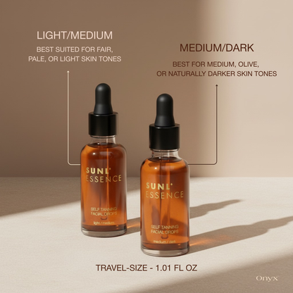 Two bottles of tanning drops showing the difference between Light/Medium and Medium/Dark shades.