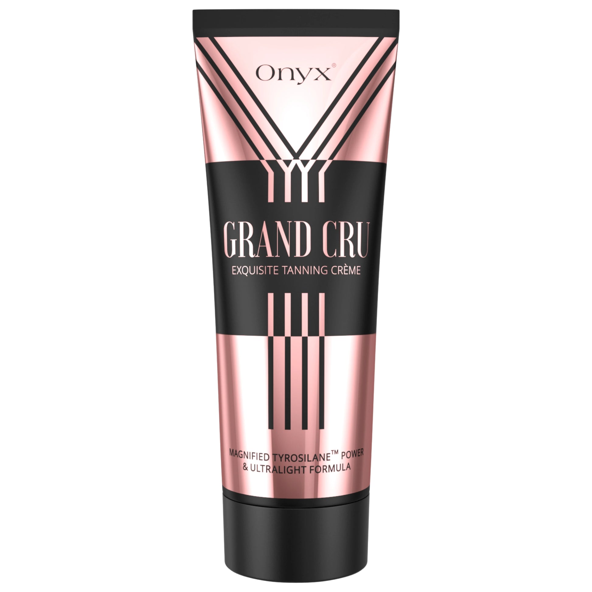 Onyx Grand Cru Tanning Accelerator - premium tanning lotion in a sleek black and rose gold tube.