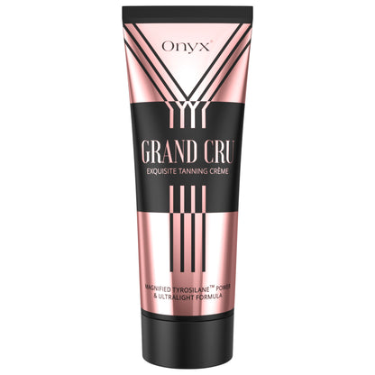 Onyx Grand Cru Tanning Accelerator - premium tanning lotion in a sleek black and rose gold tube.