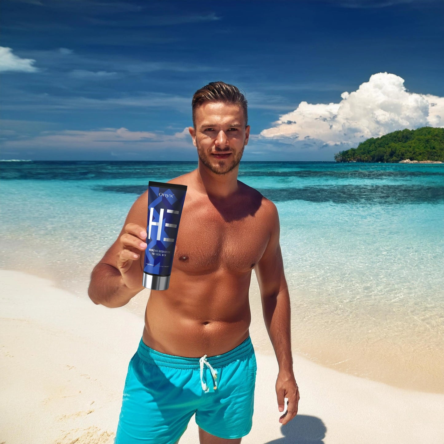 Fit man sunbathing with Onyx HE Bronzing Intensifier – outdoor tanning lotion for a golden tan.