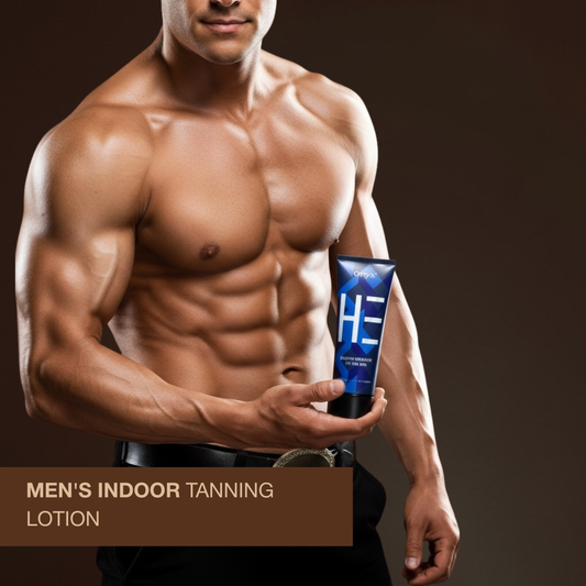 Man holding Onyx HE indoor tanning lotion for men