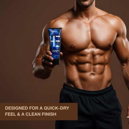 Man holding Onyx HE indoor sunbed tanning lotion with clean finish look