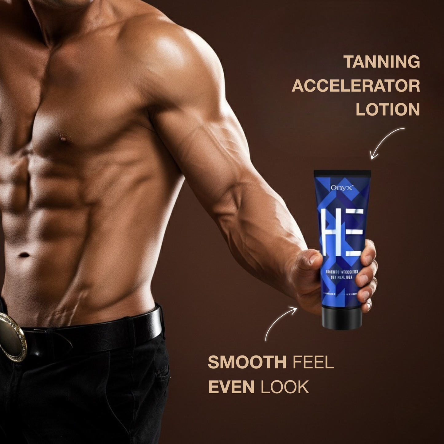 Onyx HE tanning lotion for men shown with smooth, even application on skin