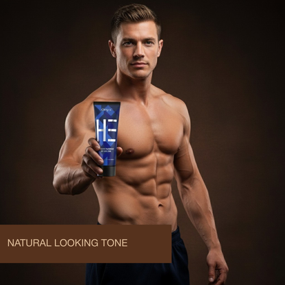 Man holding Onyx HE tanning lotion for men with natural-looking tone