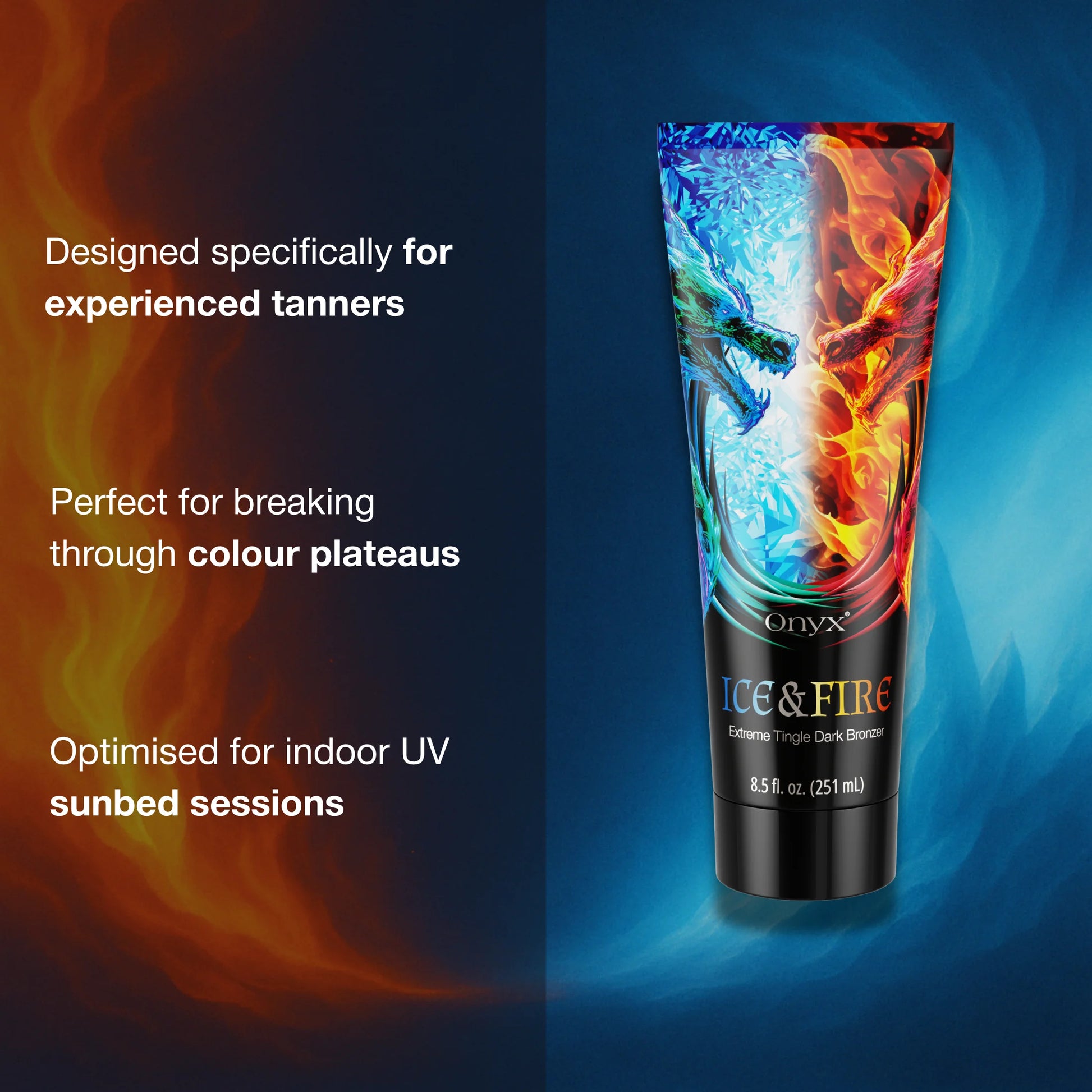 Onyx Ice & Fire tanning lotion visual highlighting use for experienced tanners and UV sessions.