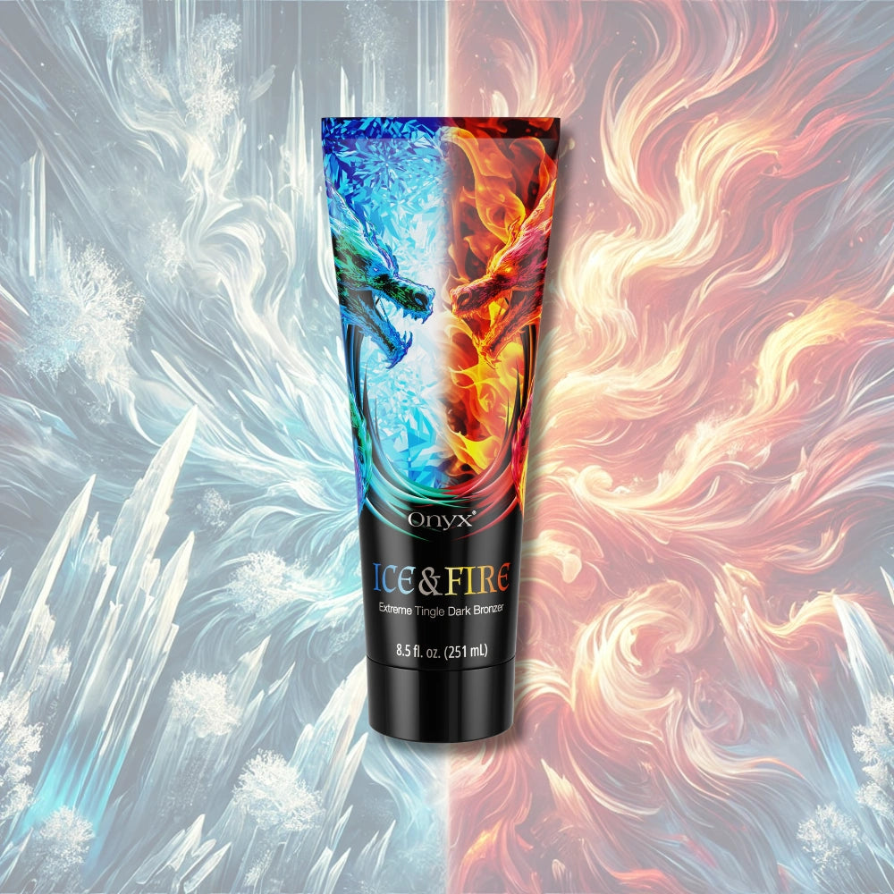 Onyx Ice & Fire tingle tanning lotion with extreme tingle dark bronzer shown on an epic fire and ice background featuring two elemental dragons