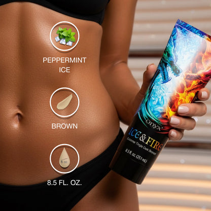 Close-up of bronzed skin with Onyx Ice & Fire tanning lotion showing peppermint ice effect and bronzer texture.