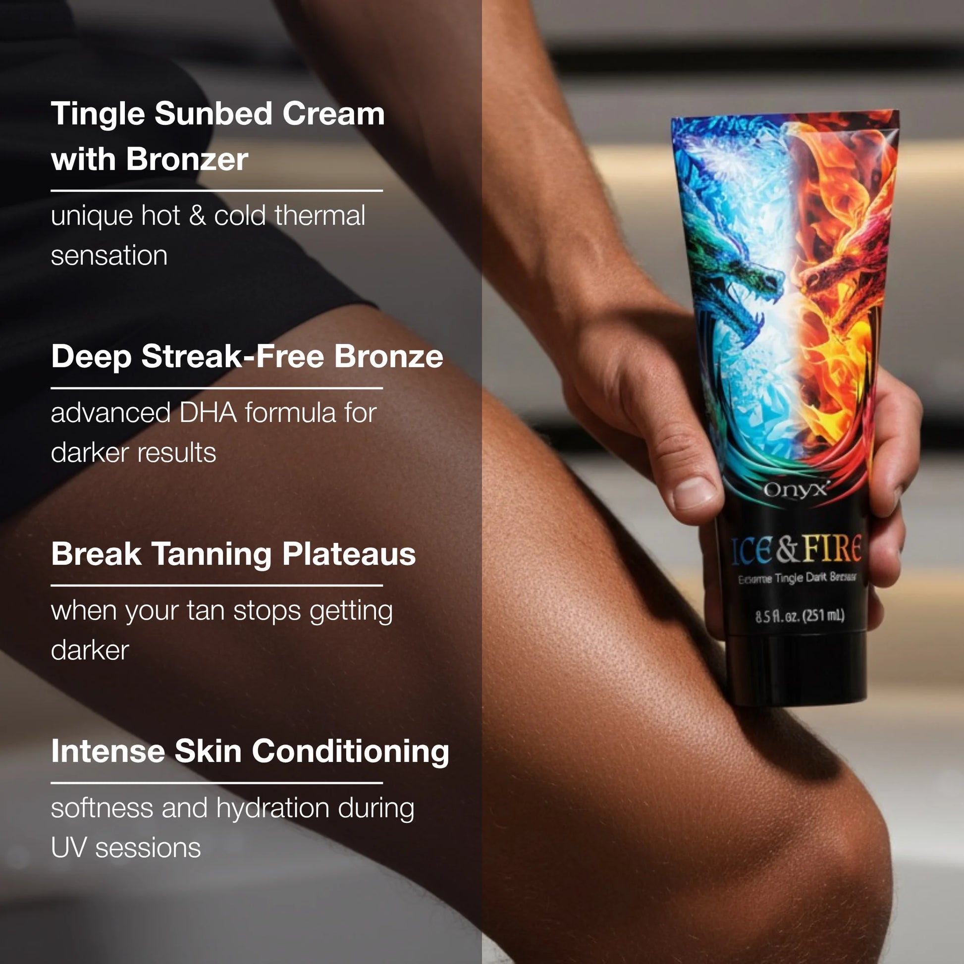 Onyx Ice & Fire tanning lotion shown with key benefits including deep bronzing and tingle effect.