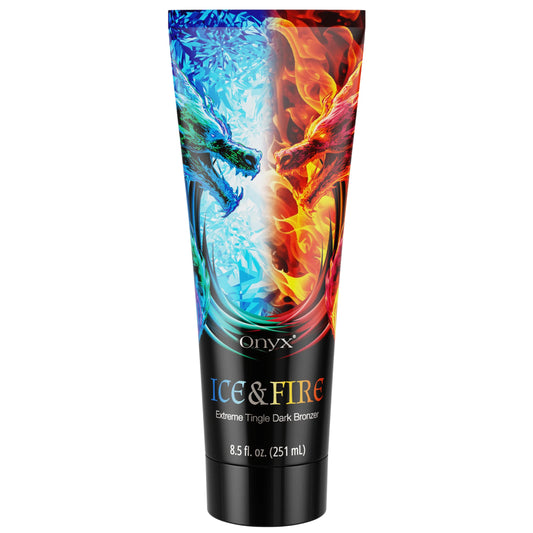 Onyx Ice & Fire tanning lotion packshot with dual dragon fire and ice design on black tube.
