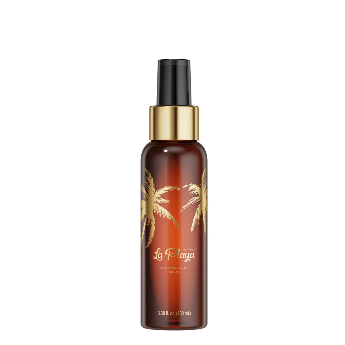 La Playa Deep Hydrating Oil in a 3.38 fl oz amber brown spray bottle with a gold collar and black nozzle, featuring gold palm tree illustrations on a white background.