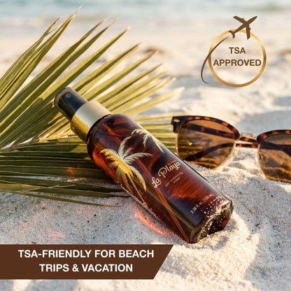 Onyx La Playa Dry Tanning Oil Spray displayed on a tropical beach with sunglasses and TSA-friendly travel message