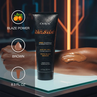 Onyx Magma tanning lotion with bronzer texture and blaze power ingredients visual on glowing skin.