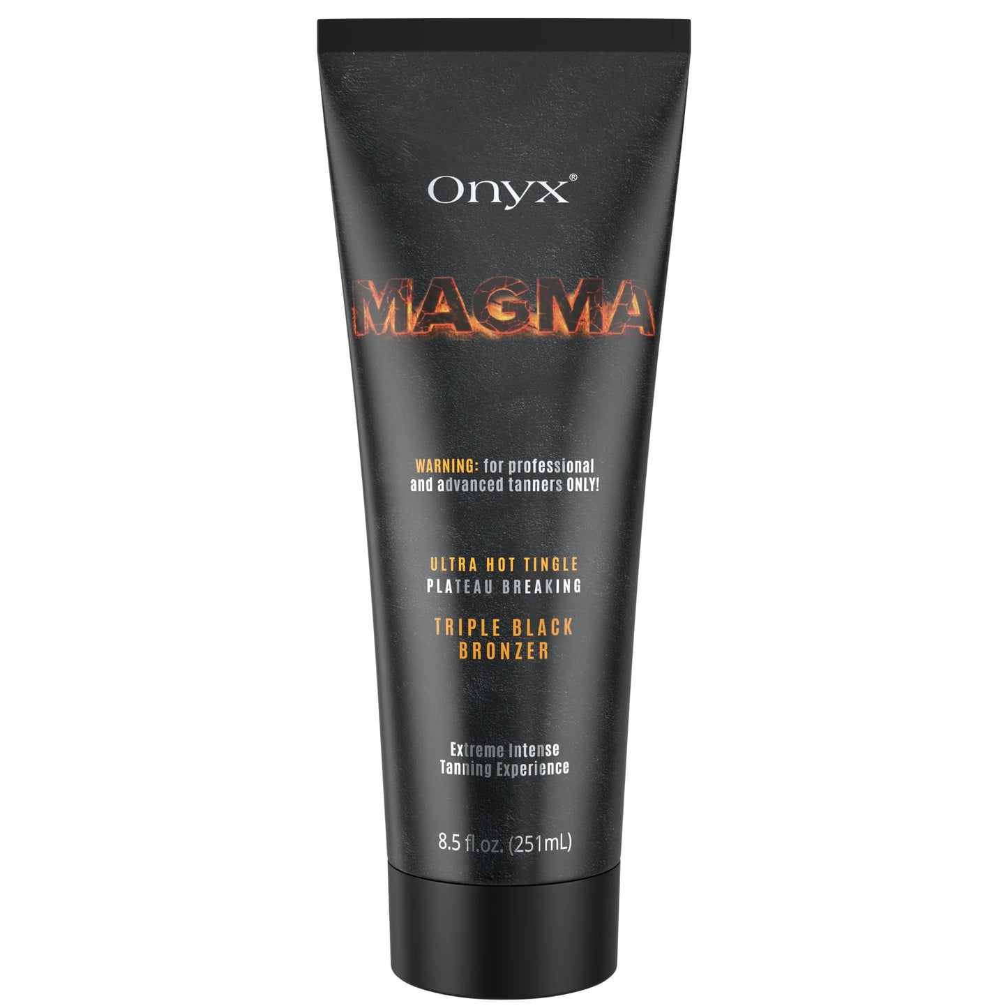 Onyx Magma tanning lotion packshot on white background with black tube and triple black bronzer formula.