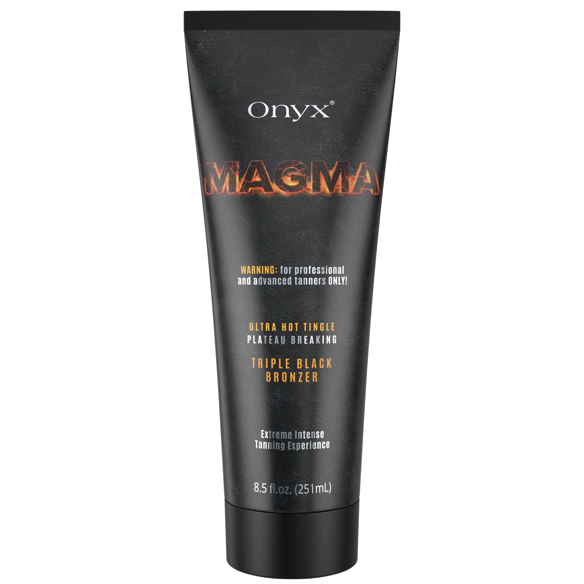Onyx Magma tanning lotion packshot on white background with black tube and triple black bronzer formula.