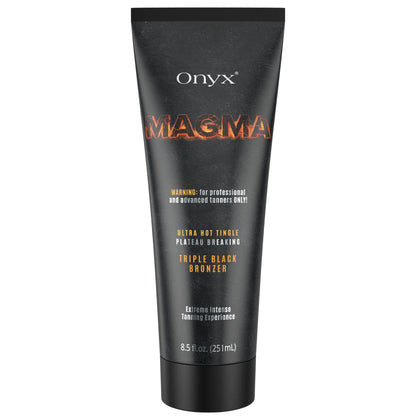 Onyx Magma tanning lotion packshot on white background with black tube and triple black bronzer formula.