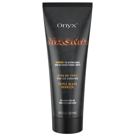 Onyx Magma tanning lotion packshot on white background with black tube and triple black bronzer formula.